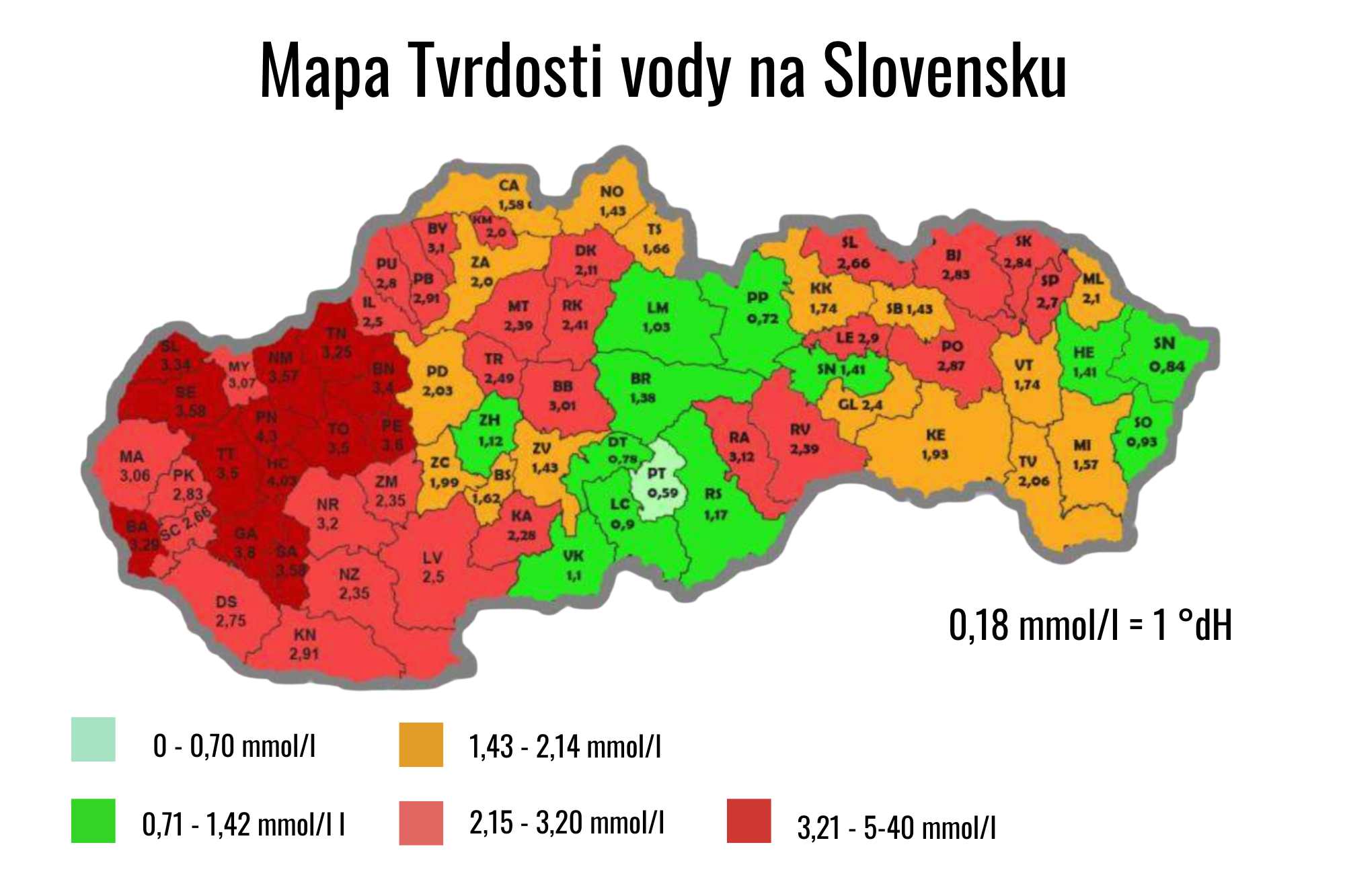 Mapa tvrdosti vody na Slovensku